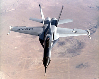 A front view of the YF-17, showing its distinct wing extensions that lent it the nickname Cobra. (US Air Force)